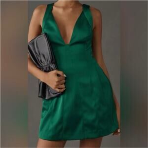 Anthropologie Sleeveless Plunge Satin Green Mini Dress Size 14 Sexy Plunge NEW